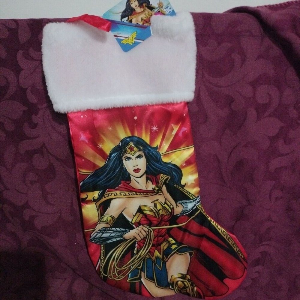 New DC Comics Wonder Woman Red Satin plush Christmas Stocking 18" NWT